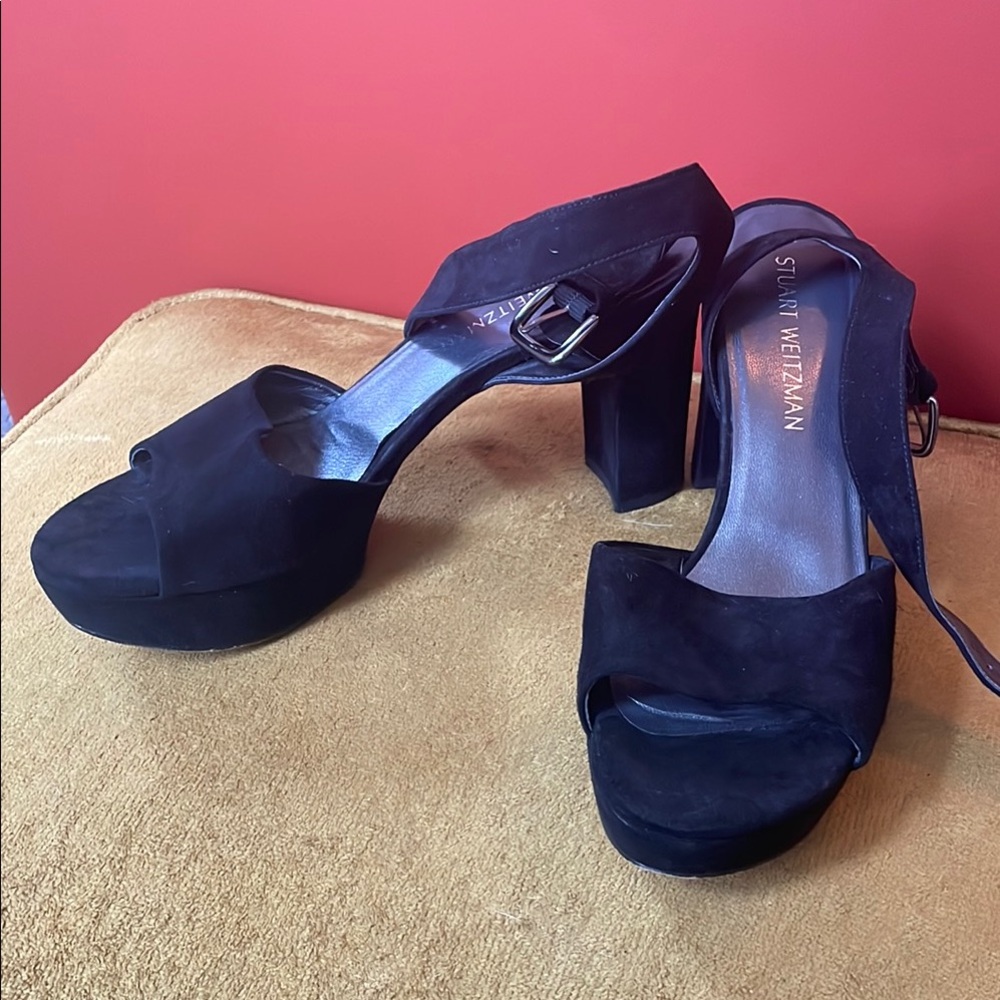 Stuart Weitzman Black Suede ankle strap platform Sandals 9.5